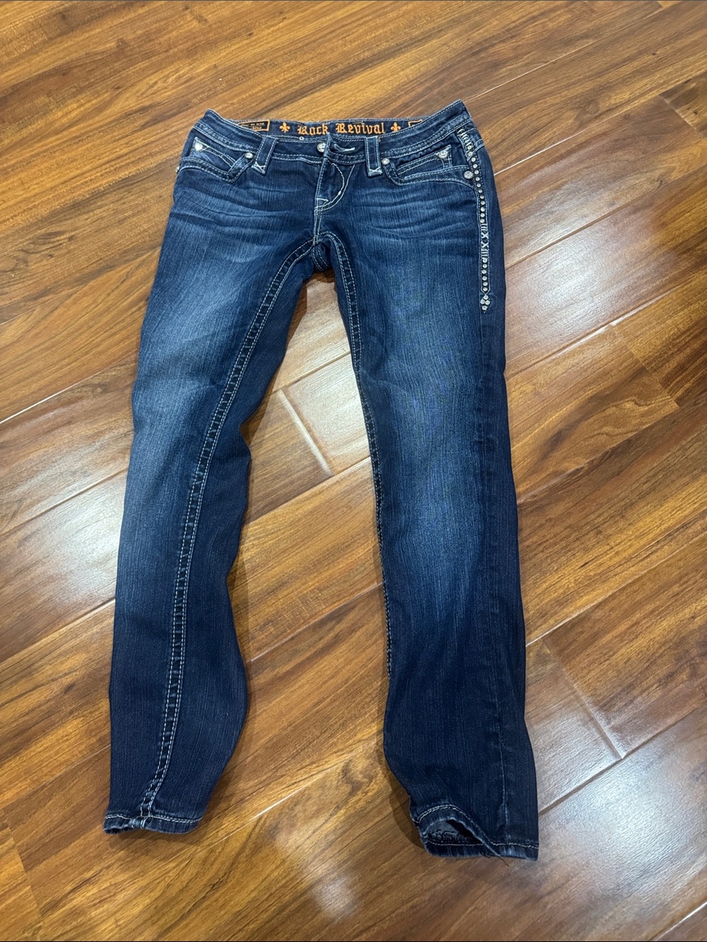 Rock Revival Women's Dark Wash Skinny Jeans with Embellished Trim